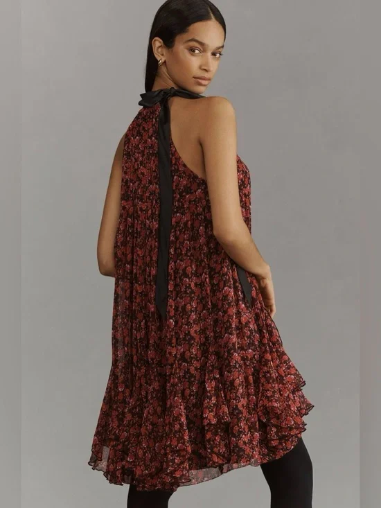 Anthropologie Tie Halter Ruffled Floral Mini Dress - Picture 2 of 7